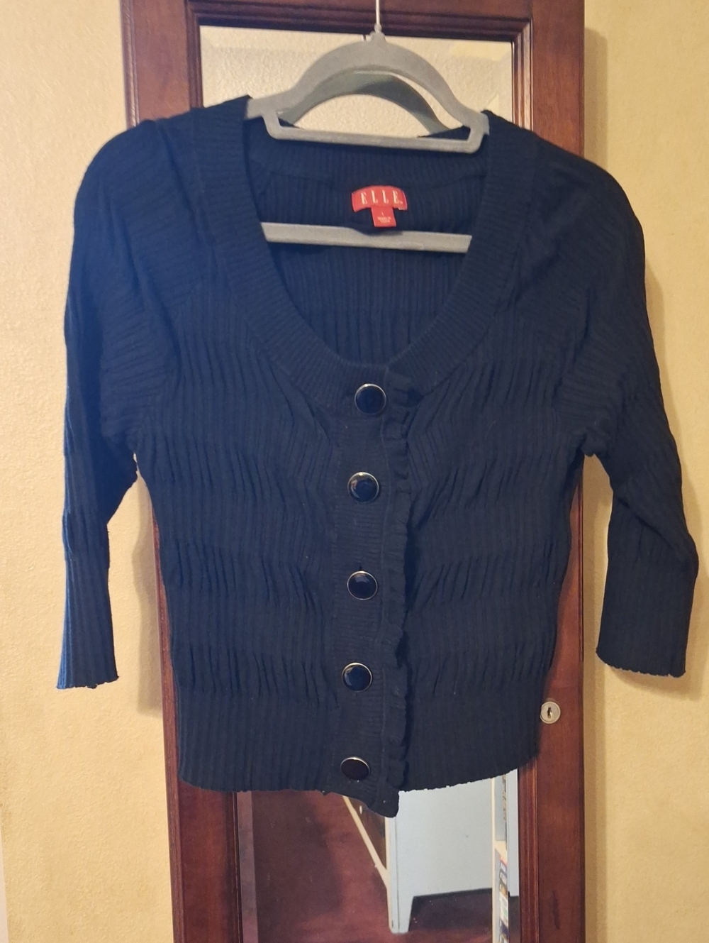 Elle Black Ribbed Button Front Cardigan, 3/4 Sleeve With Fun Button Detail